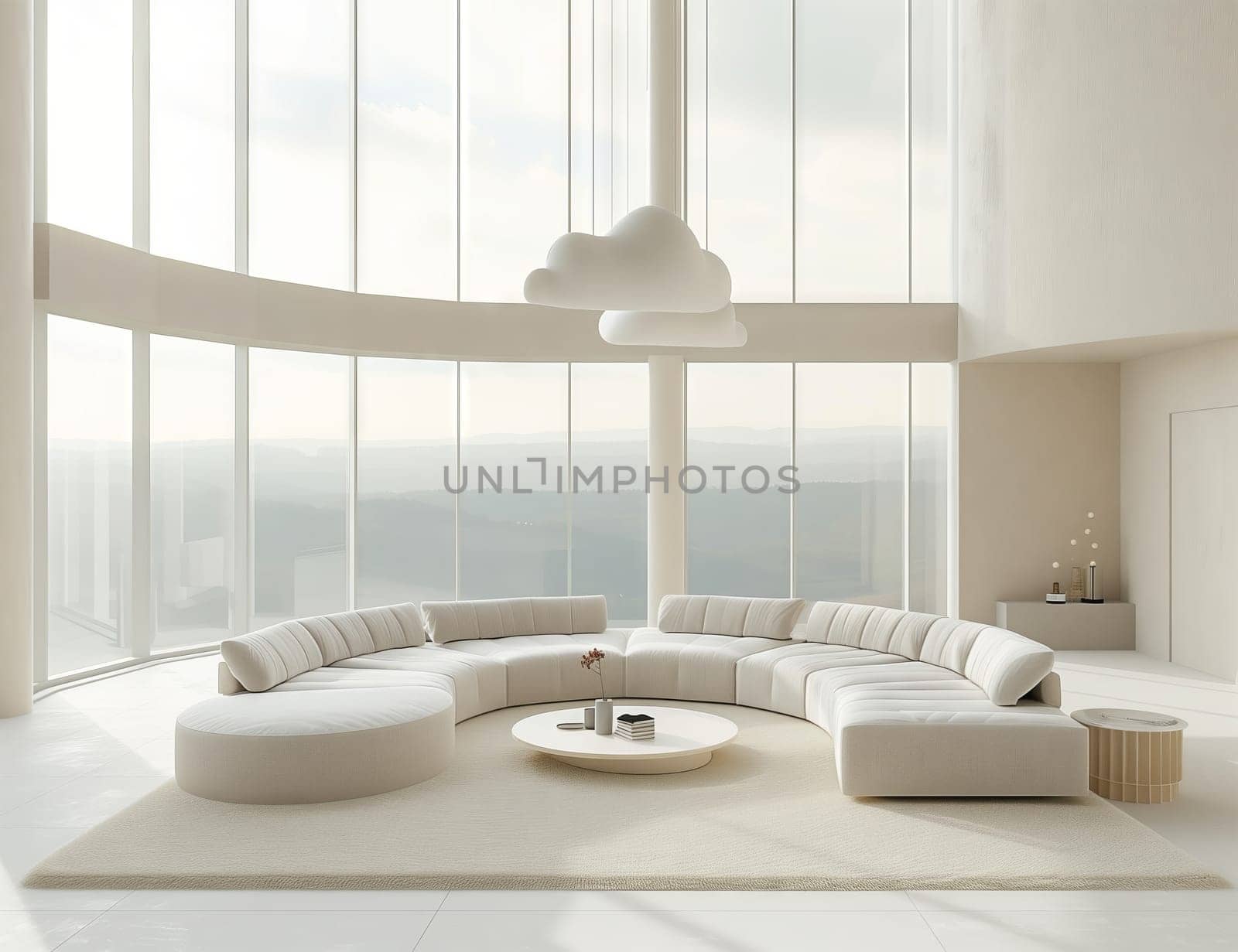 A cozy living room in a modern building with a comfortable couch, wooden coffee table, and large windows offering natural light. Interior design and architecture at its finest