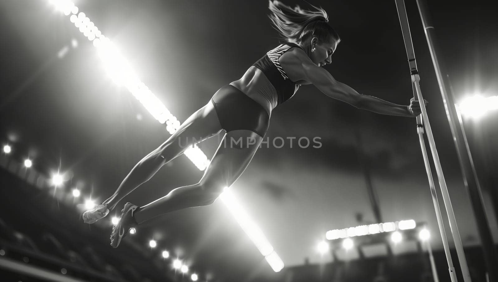 A woman is elegantly leaping over a pole in a captivating blackandwhite photo, showcasing the artistry of performing arts and the beauty of monochrome photography