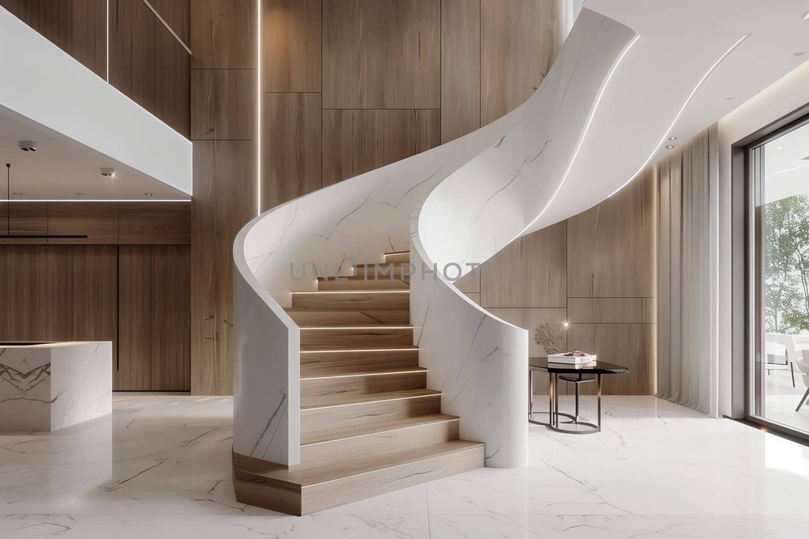 The fixture in the building is a spiral staircase made of hardwood, a composite material. It stands in the middle of the room, adding a unique touch to the concrete flooring and window facade