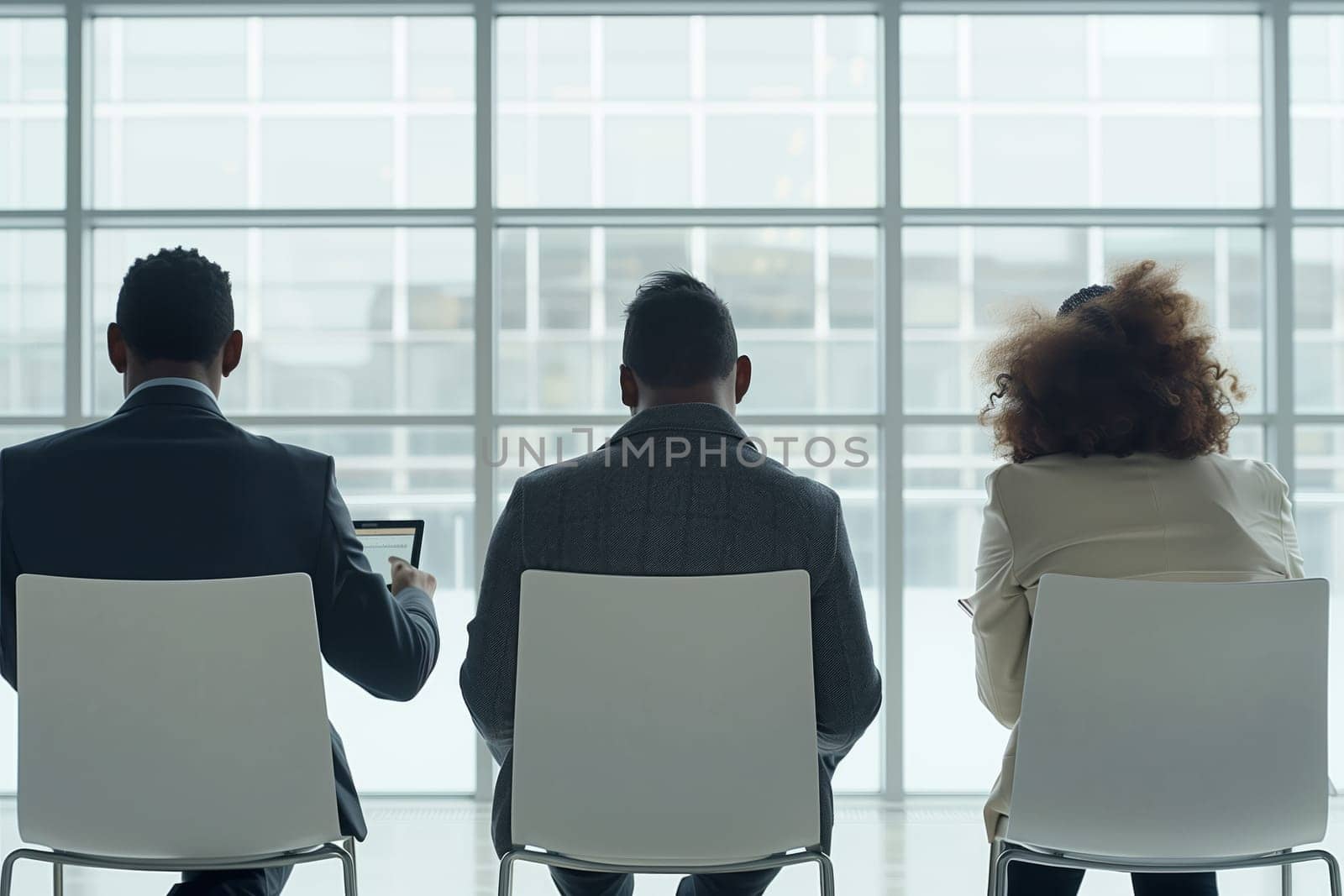 A group of individuals are seated in chairs facing a rectangular window, sharing gestures and conversation during a work event. The glass reflects their silhouettes as they sit