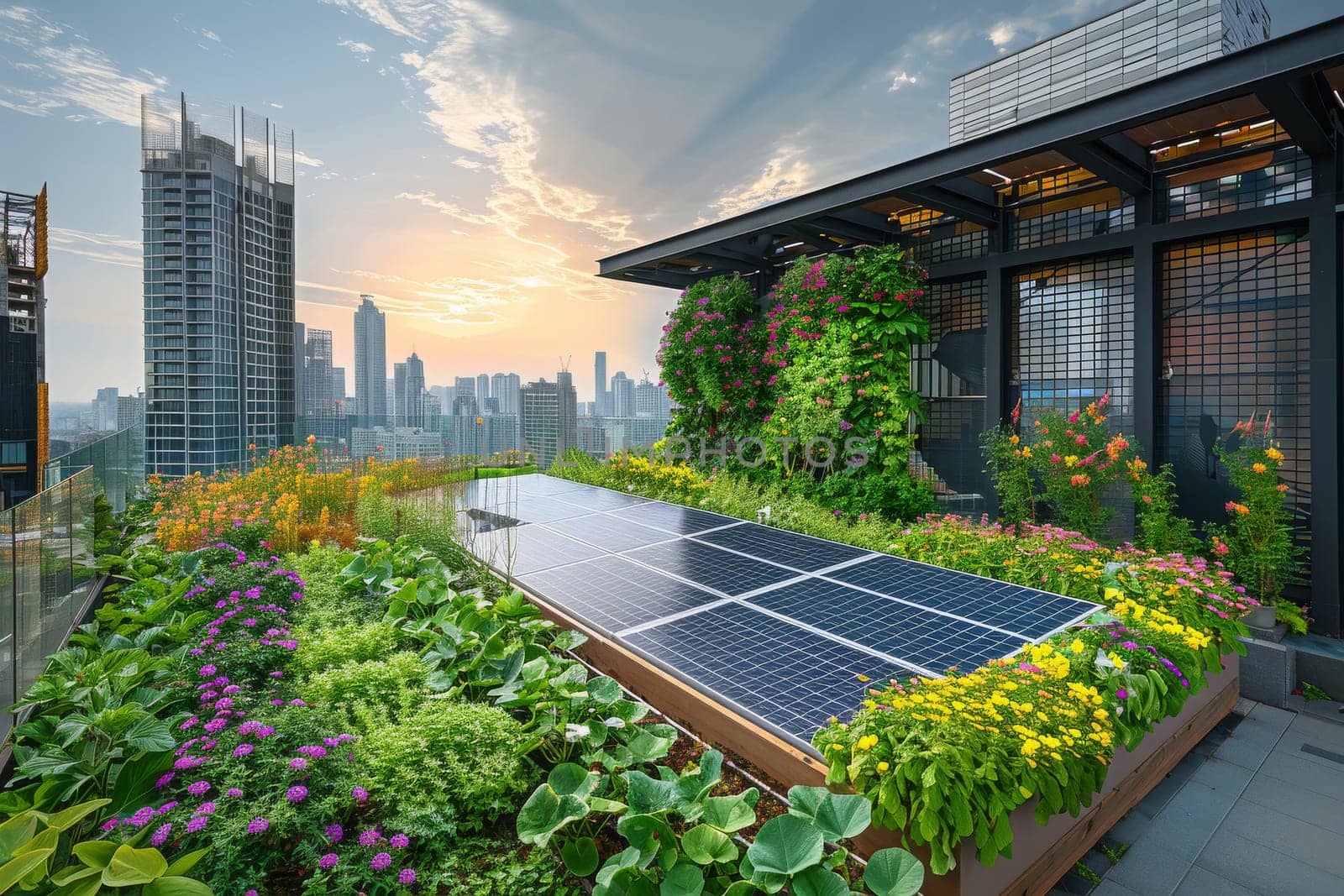 A rooftop garden with a solar panel on it. The garden is full of flowers and plants, and the solar panel is a modern addition to the space