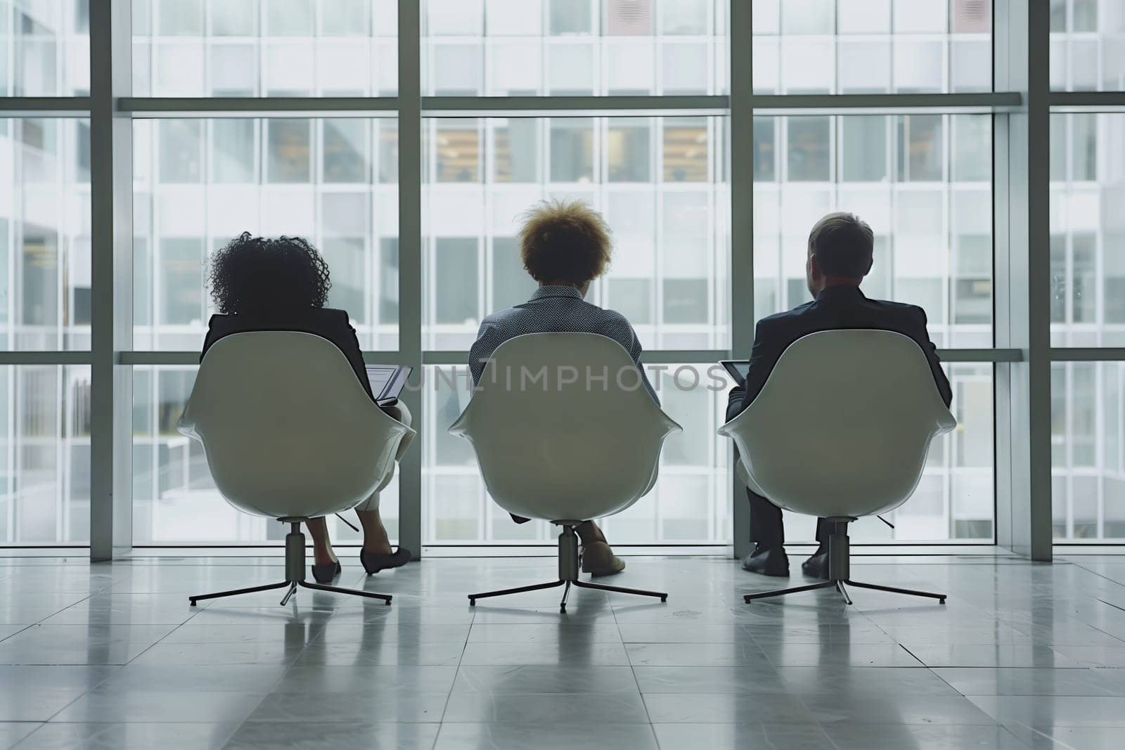 Three individuals are seated in chairs, gazing out of a window by richwolf