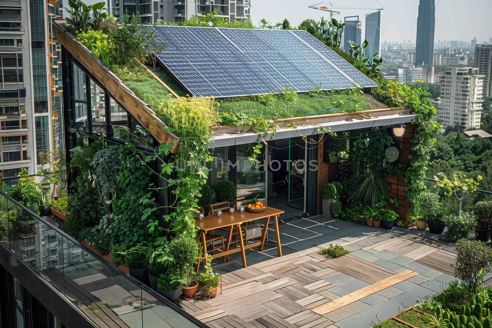 A rooftop garden with a solar panel on it. The garden is full of flowers and plants, and the solar panel is a modern addition to the space