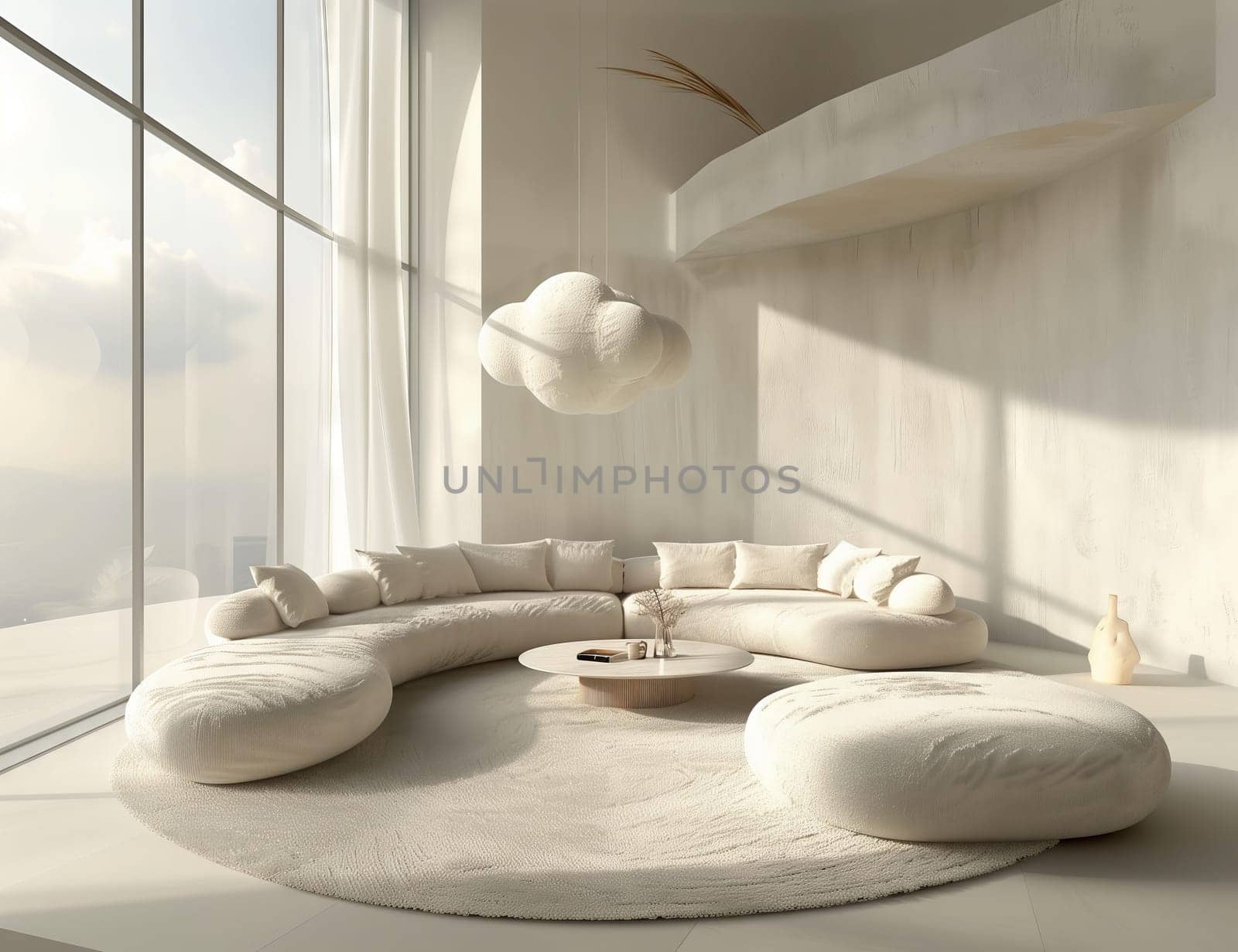A comfortable living room in a wooden house featuring a large sectional couch, ottomans, and a coffee table with monochrome photography and art on the walls