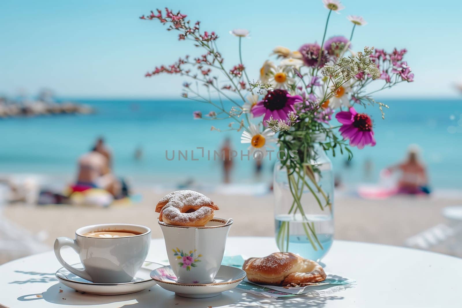 A cup of coffee, a croissant, and a vase of flowers on a table by the waters edge, under the open sky, creating a picturesque beach setting