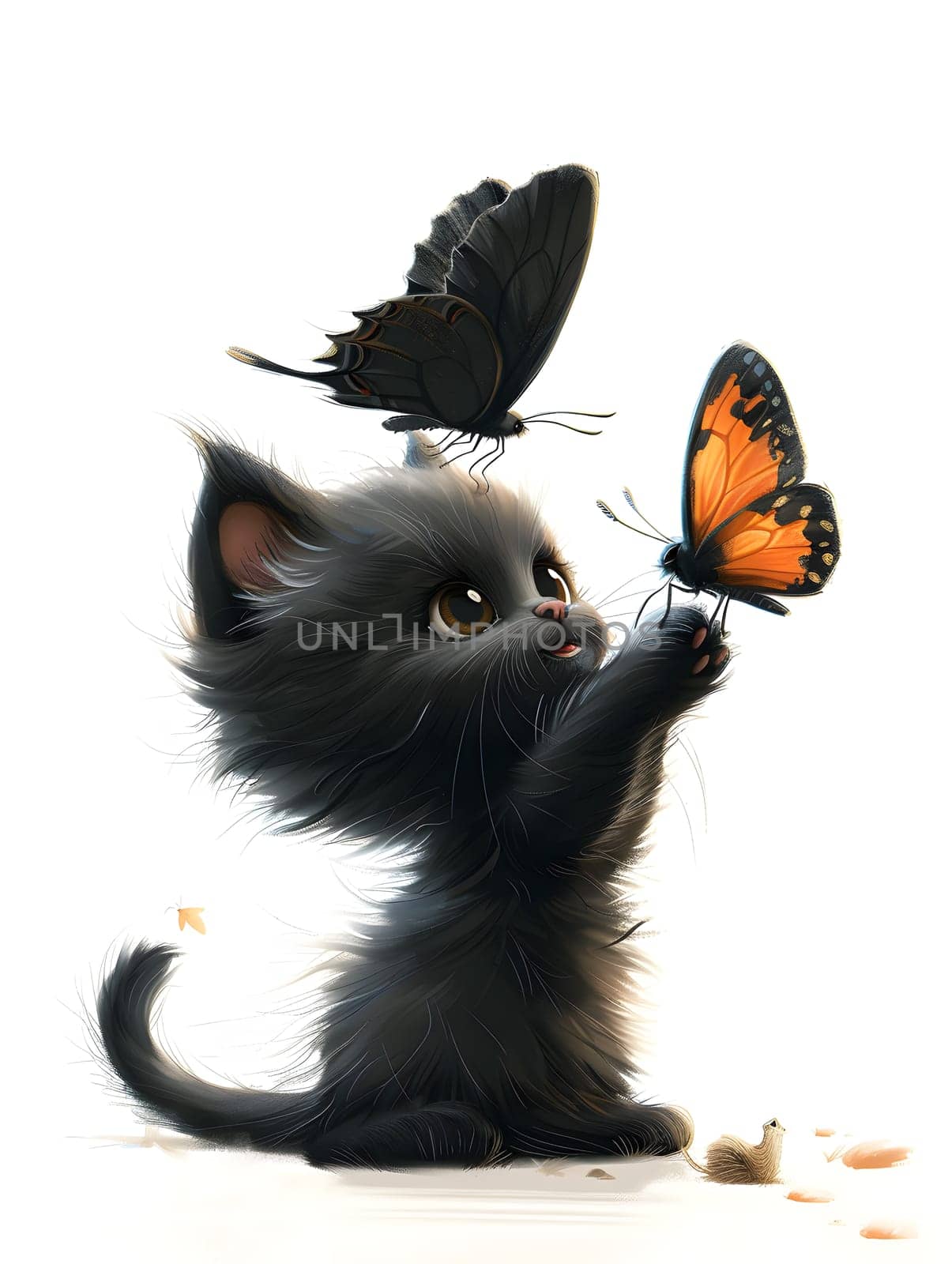 A Felidae with black fur is playfully holding a delicate Pollinator, a Butterfly, in its paws, showcasing the contrast between the strong Cat whiskers and the fragile Insect wings