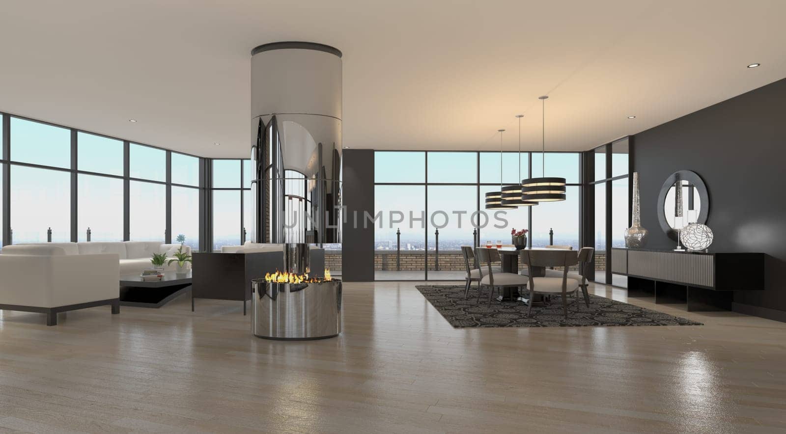 3d Illustration of a modern living room design with the view
