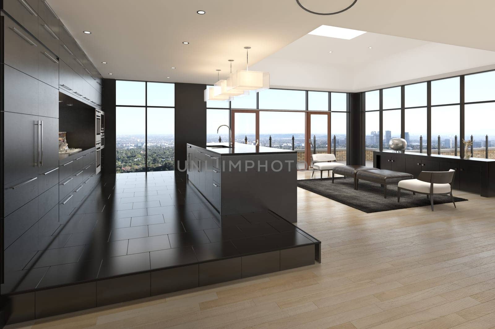 3d render of modern kitchen in a house with a beautiful view