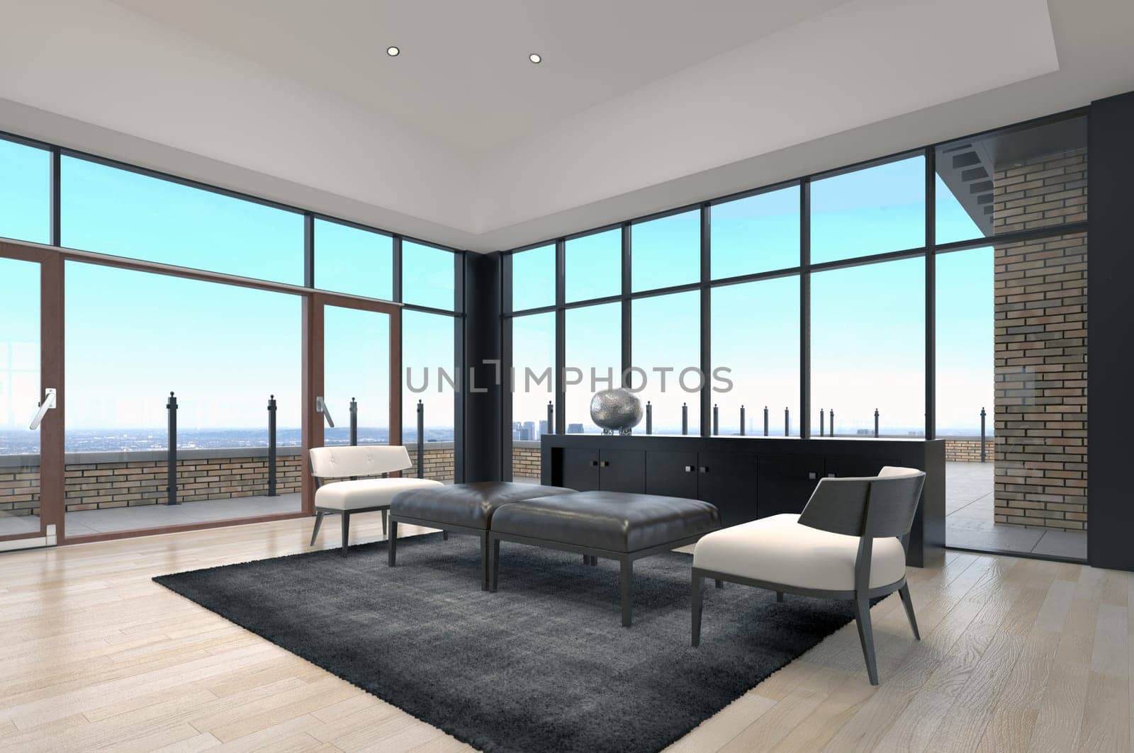 Modern bright interiors 3D rendering illustration of living room with sea view