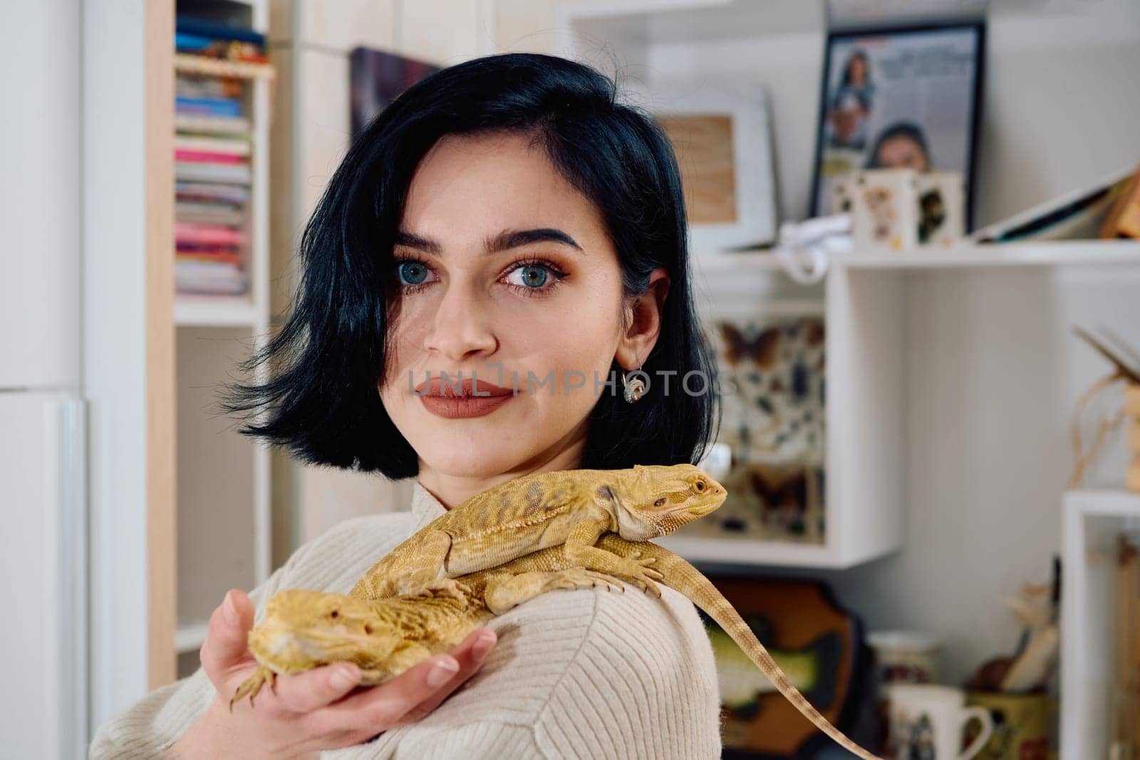 Beautiful Woman Posing with Her Two Adorable Bearded Dragon Pets by dotshock