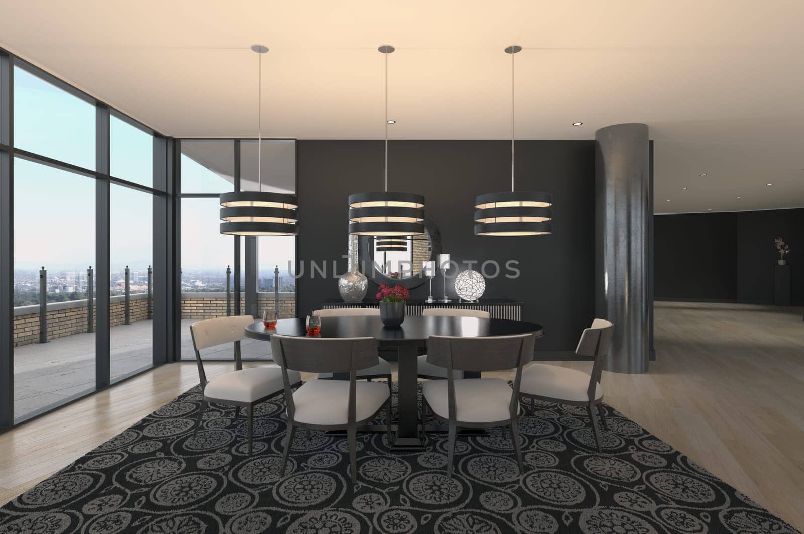 3d Illustration of modern dining room interior in a luxury house