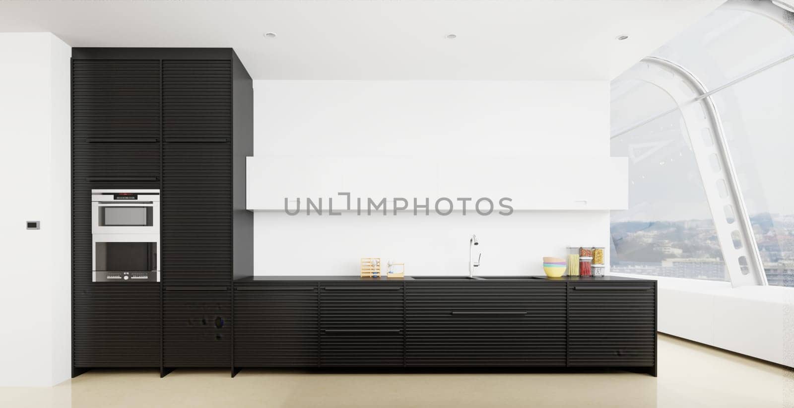 Interior of a modern kitchen with black cabinets and built in appliance. by vicnt