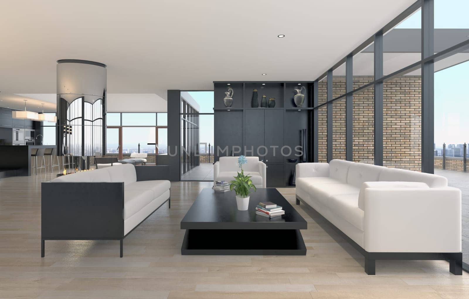 3d Illustration of a modern living room in a loft style