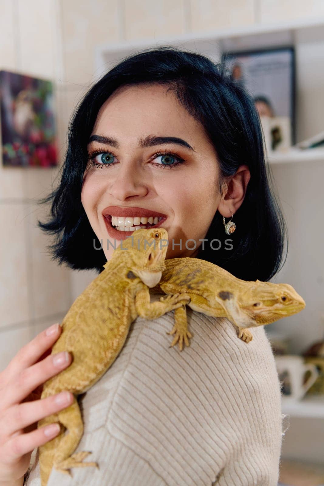 Beautiful Woman Posing with Her Two Adorable Bearded Dragon Pets by dotshock