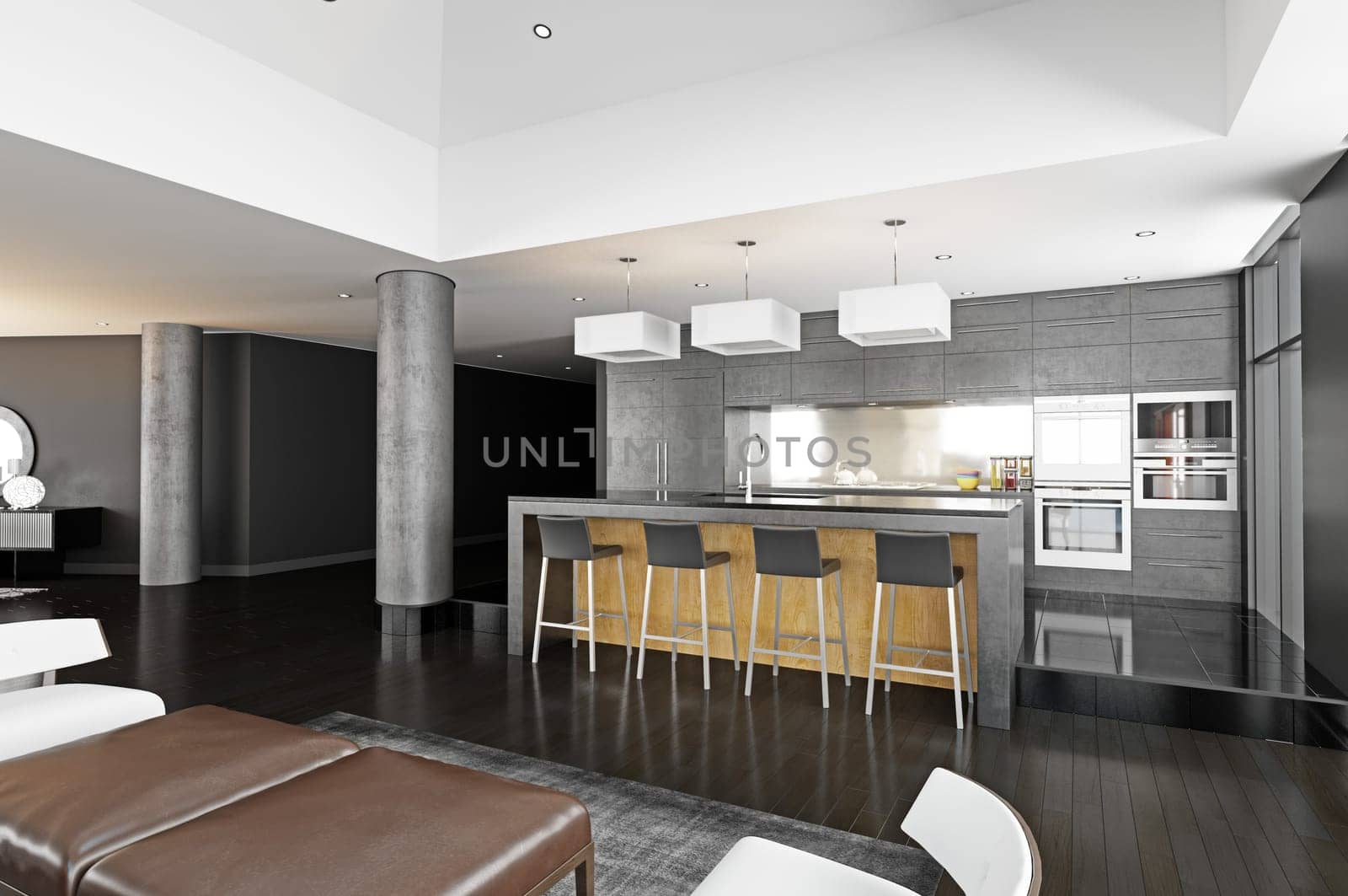 3d rendering black and white modern kitchen in a new luxury house