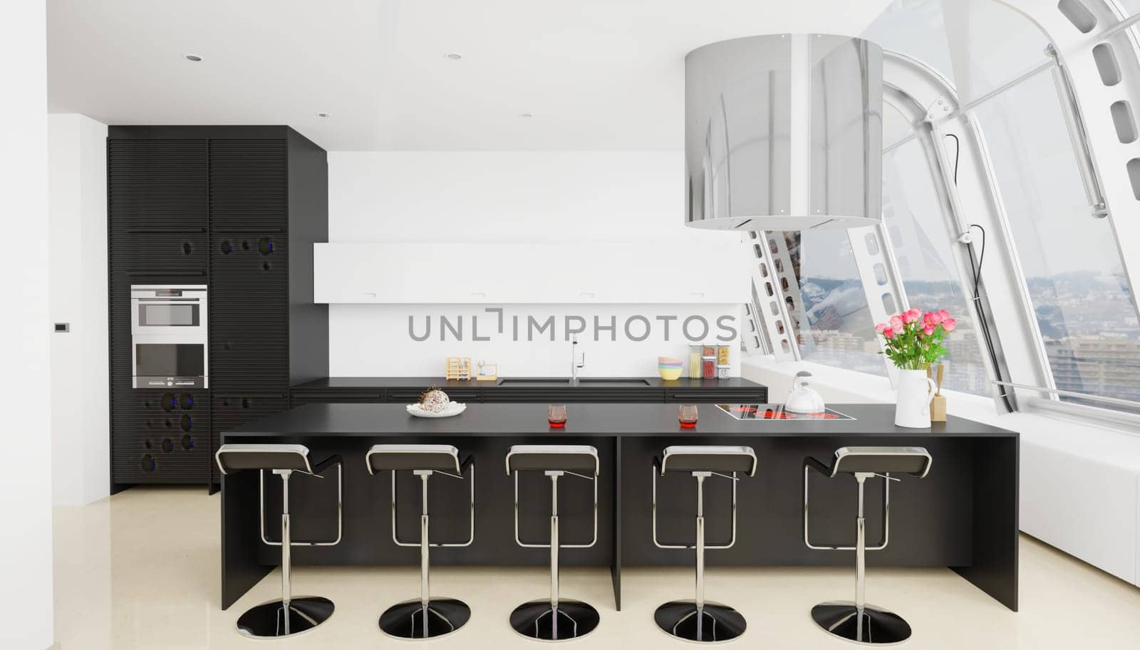 3d Illustration of black modern kitchen in a house with a beautiful design