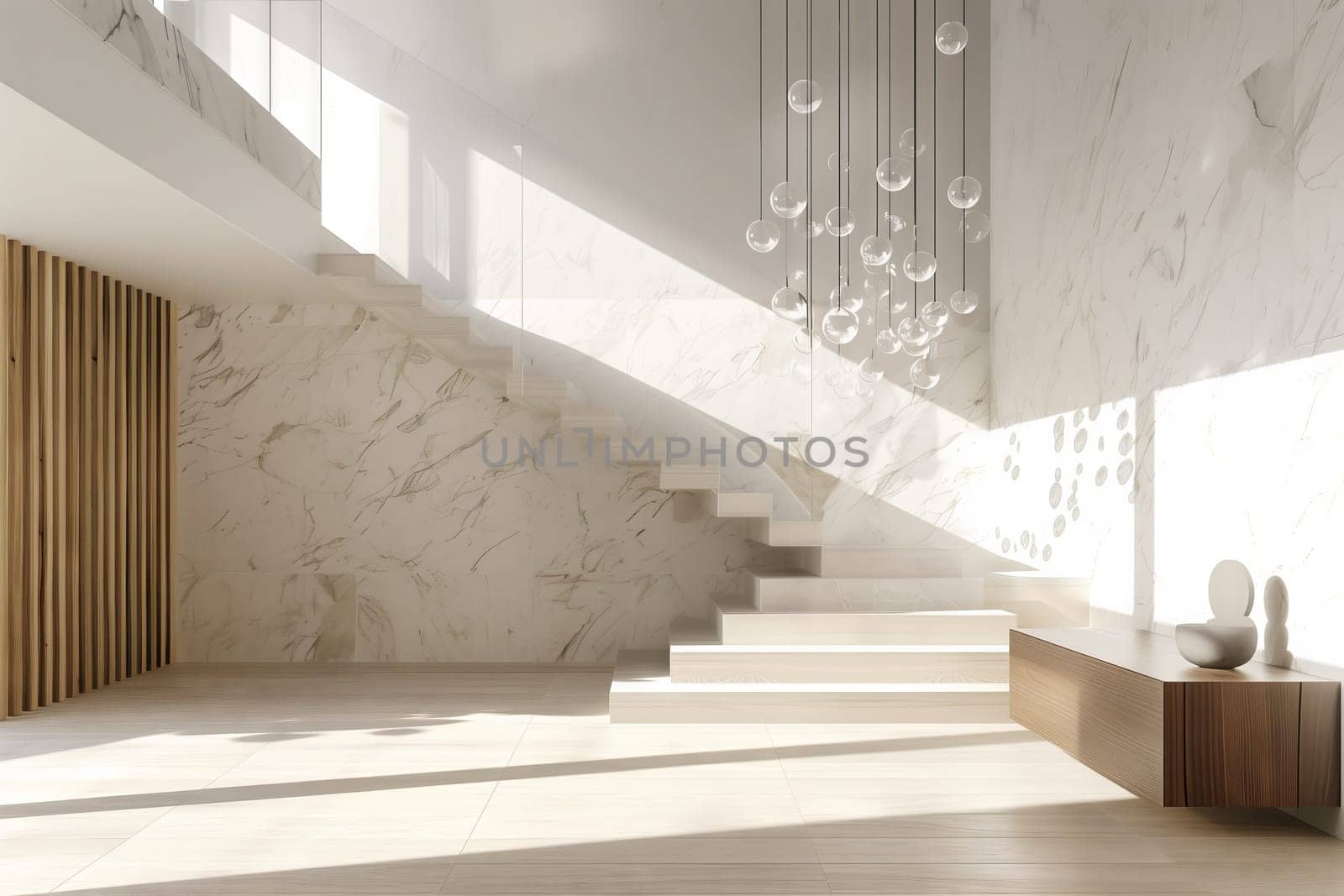 A staircase made of hardwood is a fixture in the center of the room, contrasting with the wood flooring and ceiling. It has been stained to match the building material