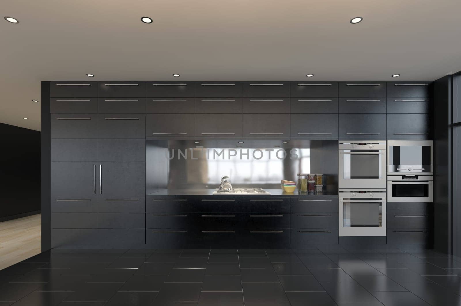 3d render of modern kitchen in a loft style with black walls
