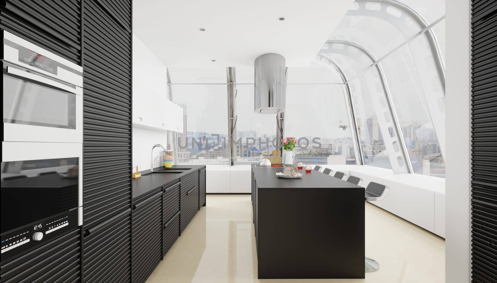 interior of modern kitchen with black and white furniture. 3d rendering