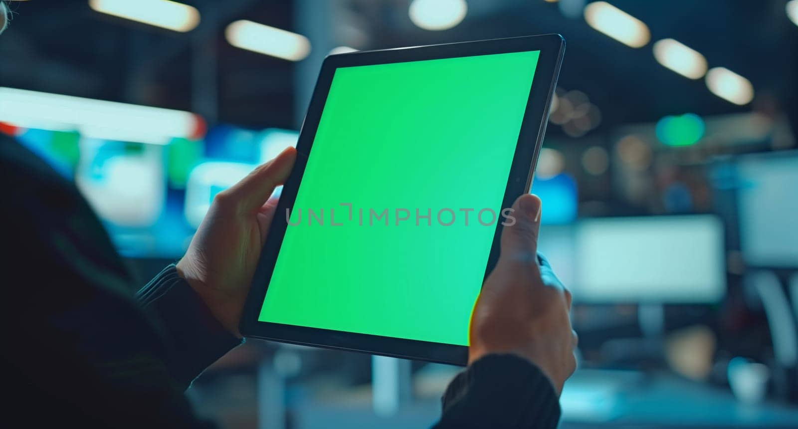 Person holding a tablet with a green screen, a modern communication device by richwolf