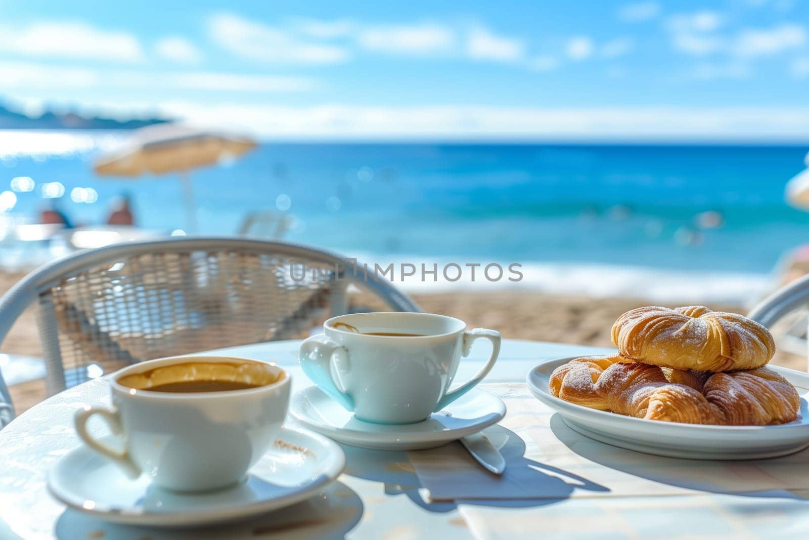 Two cups of coffee and croissants on a table by the beach, with the sound of waves in the background and a picturesque view of the ocean and sky