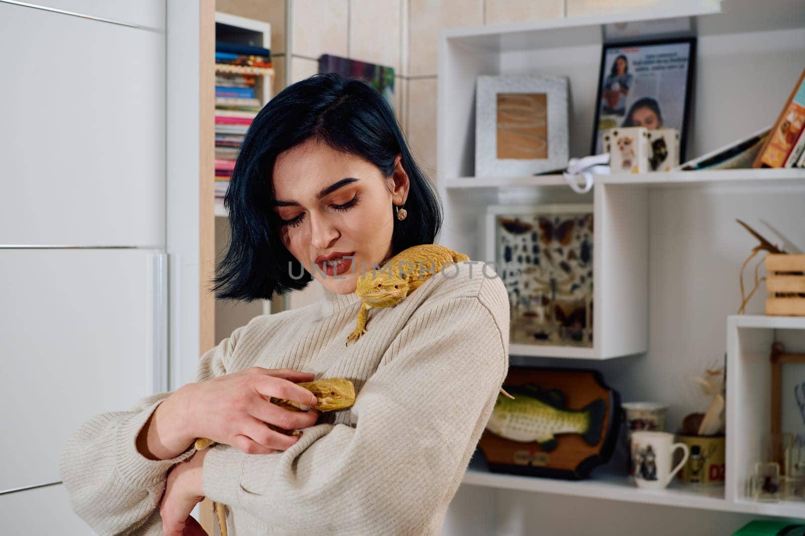 Beautiful Woman Posing with Her Two Adorable Bearded Dragon Pets by dotshock