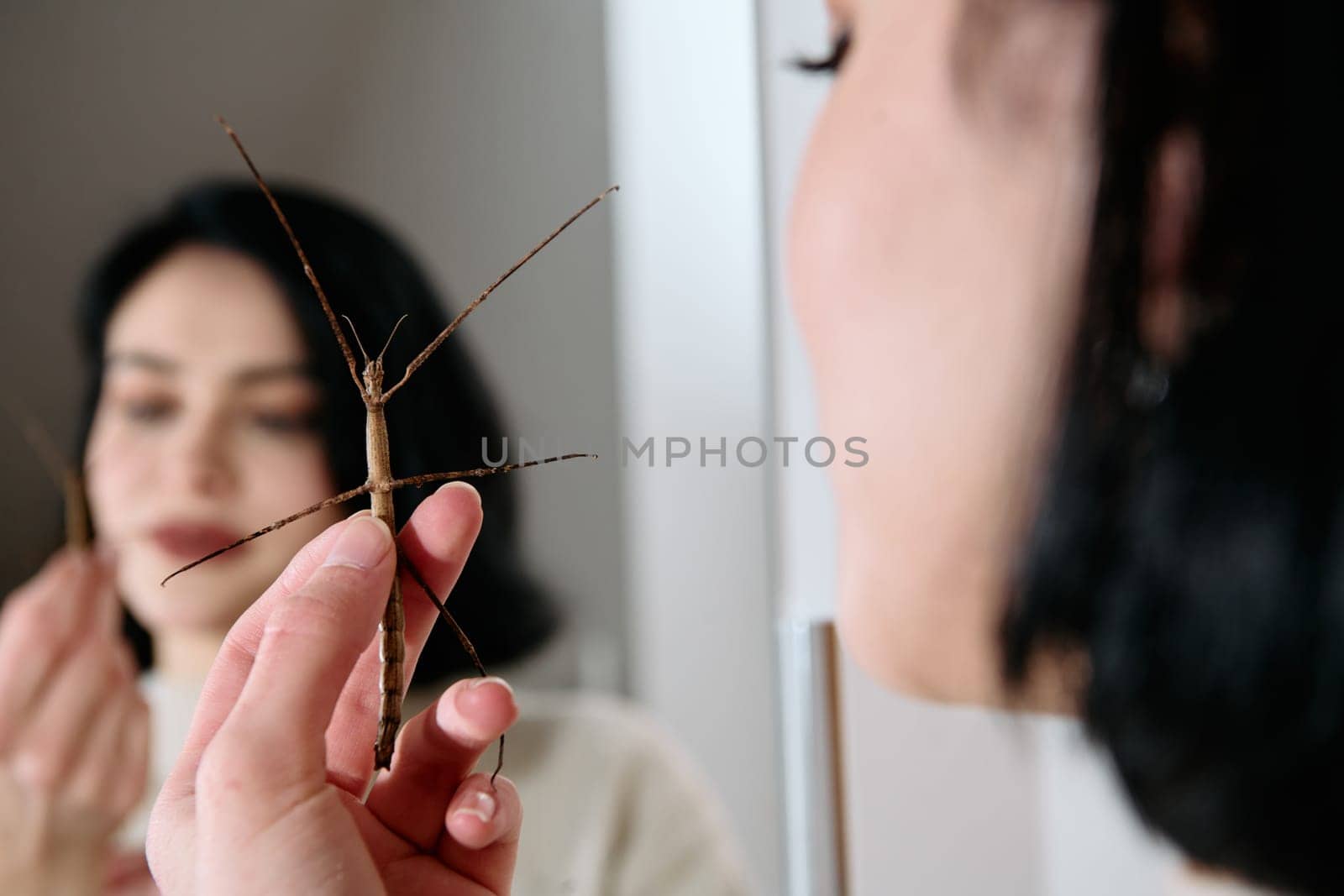 Young Woman Captured in a Beautiful Moment with Her Stick Insect (Medauroidea Extradentata) by dotshock