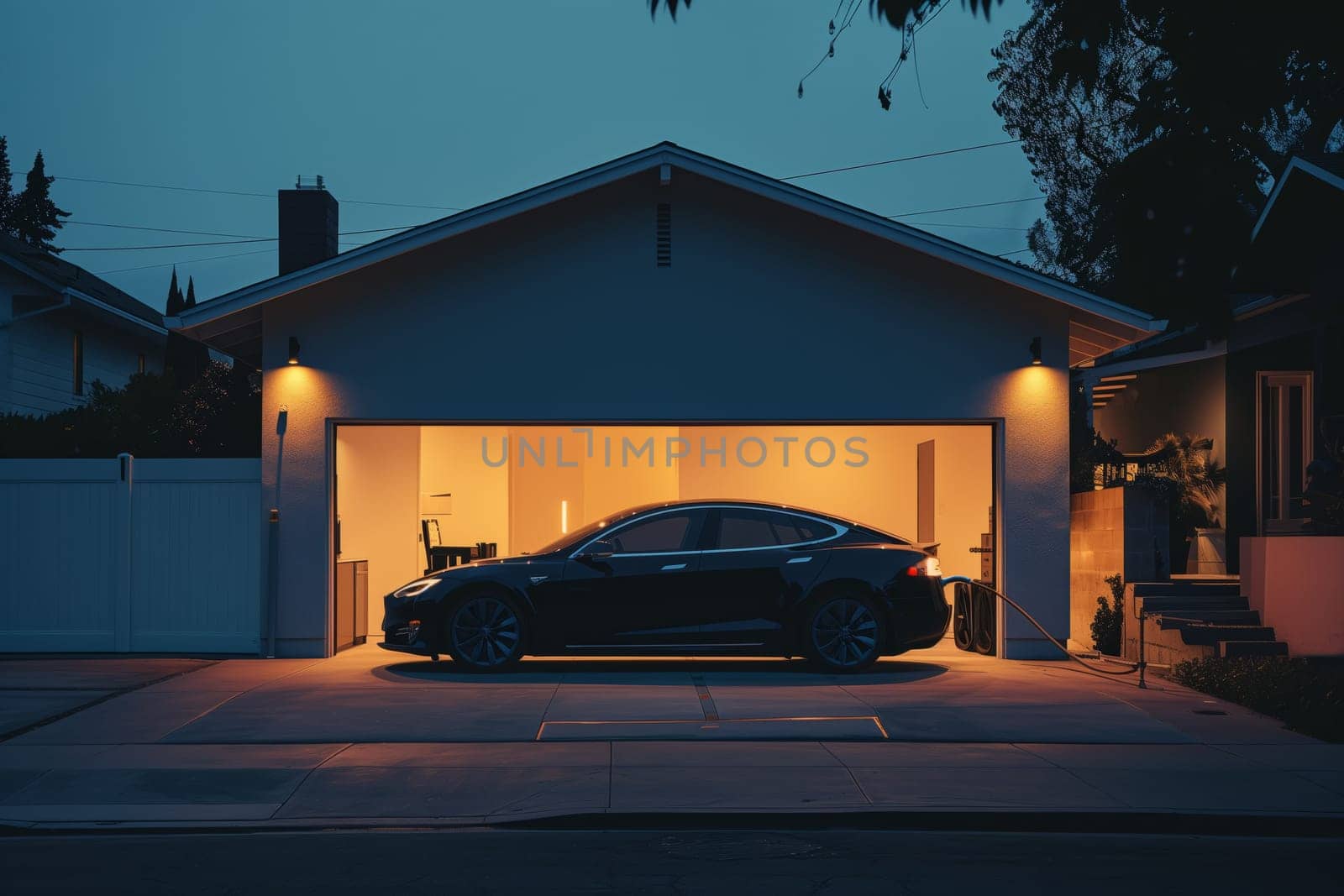 At night, a car is parked in a garage of a building with automotive lighting, under a sky filled with stars. The asphalt driveway leads to the garage door beside a tree