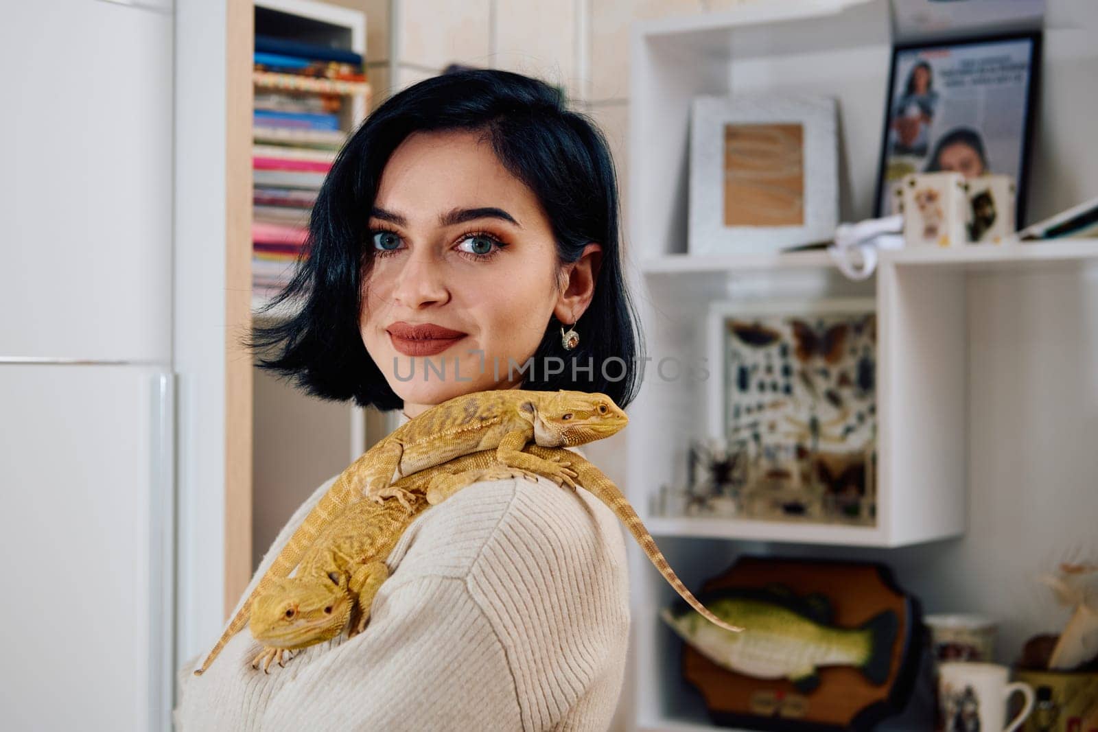 Beautiful Woman Posing with Her Two Adorable Bearded Dragon Pets by dotshock