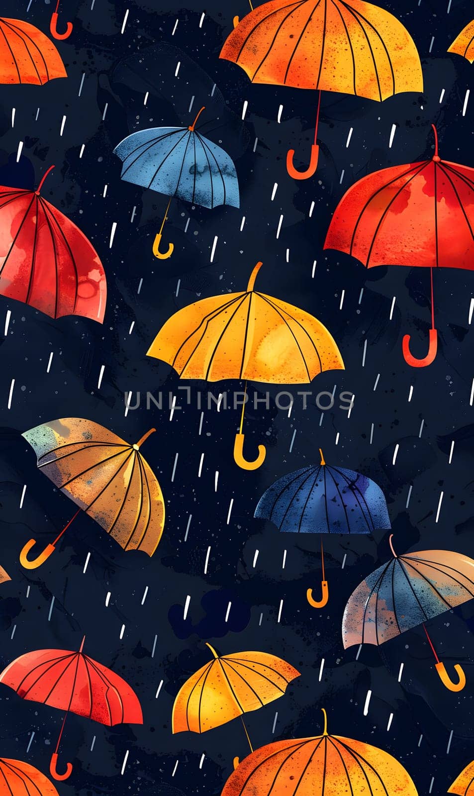 A captivating pattern of black and orange umbrellas in the rain, illuminated by electric blue lighting. The scene forms a seamless rectangle of colorful organism against the dark sky