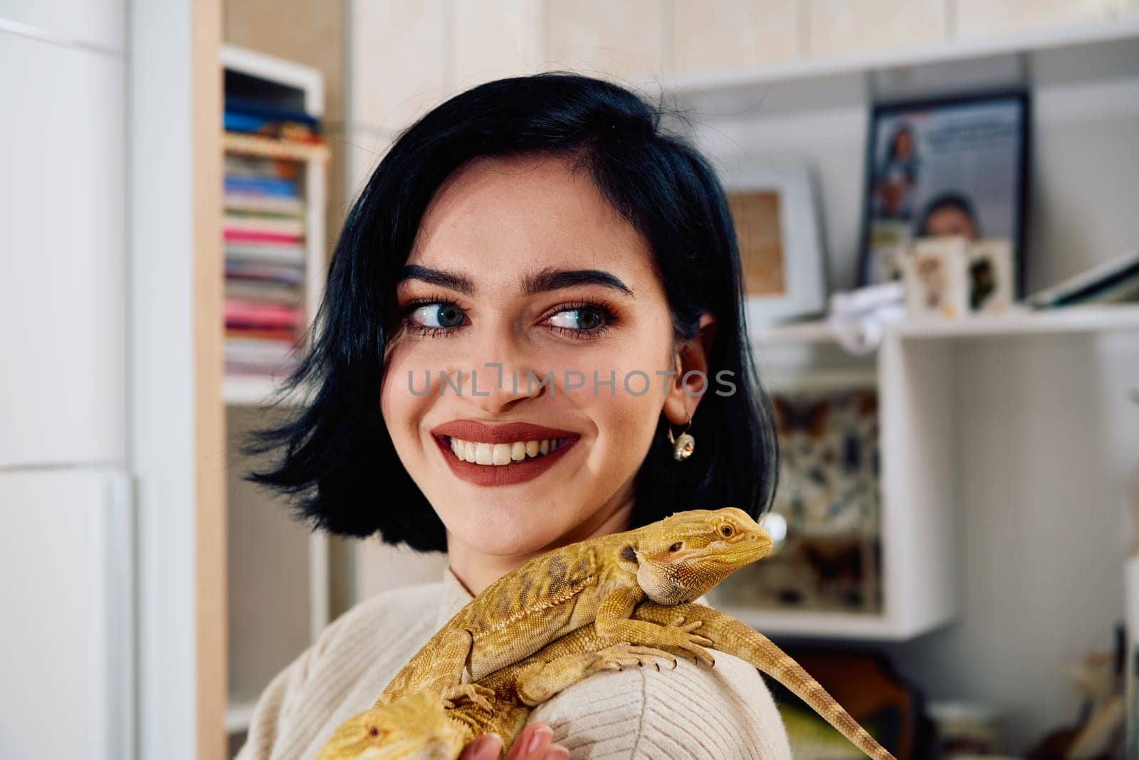 Beautiful Woman Posing with Her Two Adorable Bearded Dragon Pets by dotshock