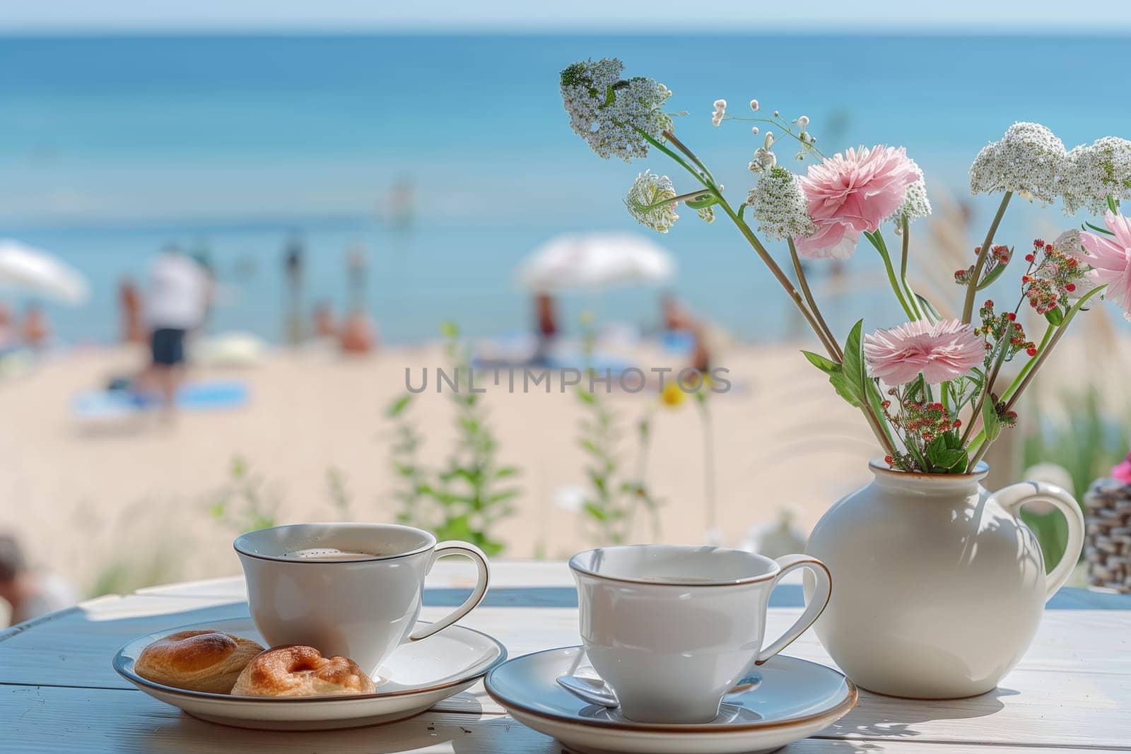 There are two cups filled with coffee and a vase of flowers displayed on the table
