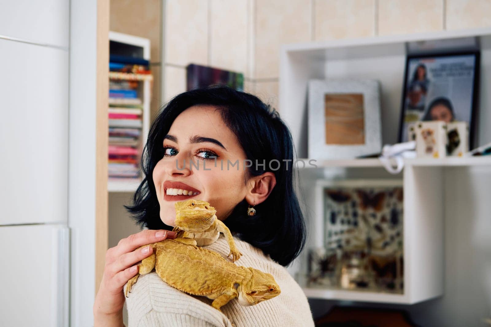 Beautiful Woman Posing with Her Two Adorable Bearded Dragon Pets by dotshock