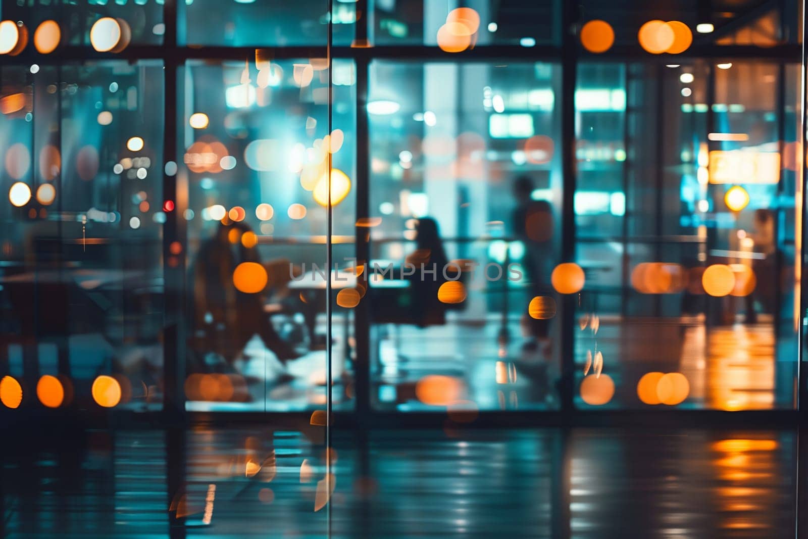 A reflection of a person sitting at a table in front of a window at night in a metropolis. The city lights create an electric blue glow, adding symmetry to the scene