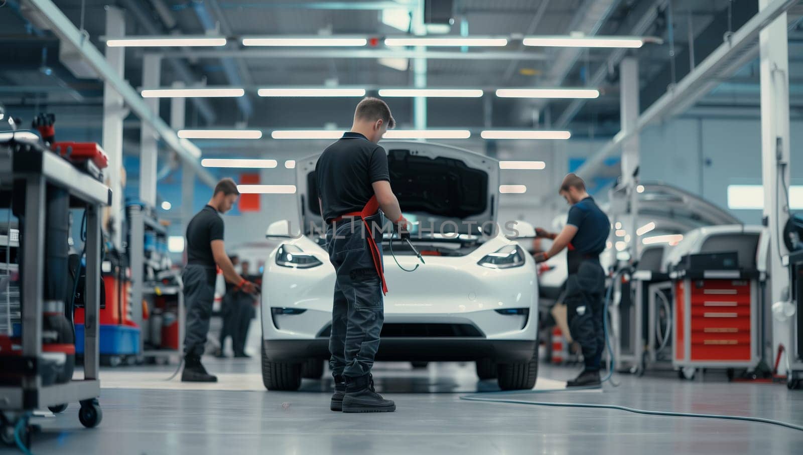 A team of workers are assembling a Tesla Model 3 at a factory, focusing on tires, wheels, automotive design, bumpers, lighting, and ensuring the vehicle is ready for the road
