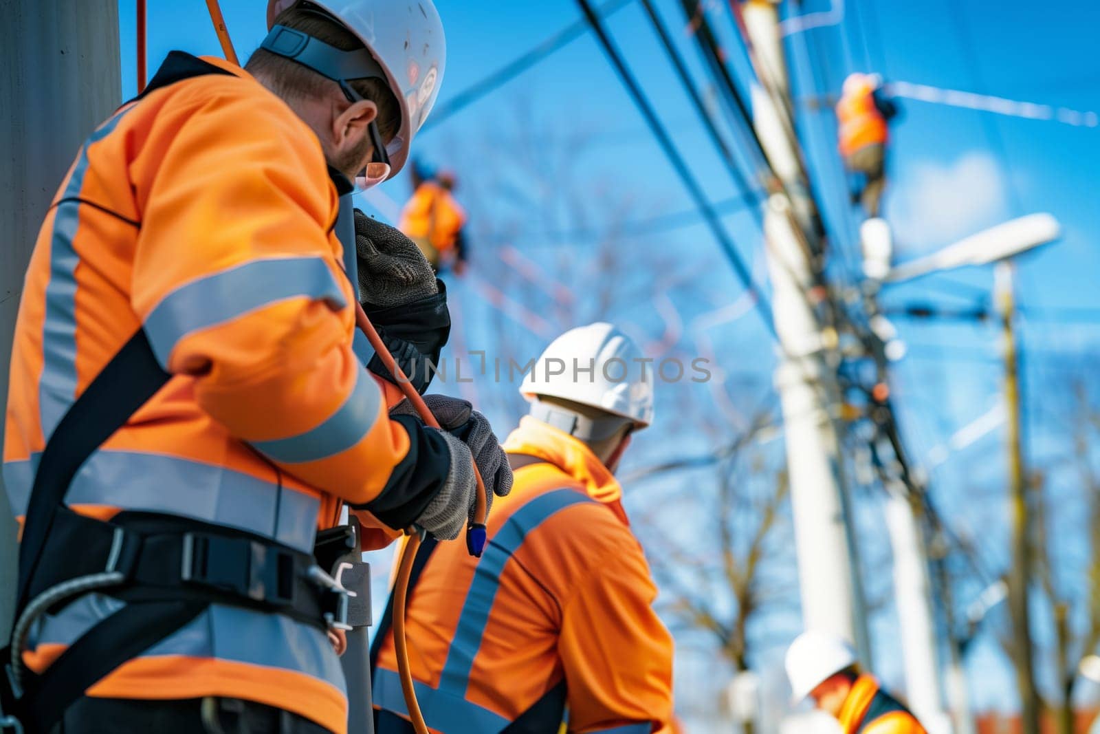A group of bluecollar workers, including electricians and engineers, are working on a power line wearing hard hats, helmets, gloves, and workwear to ensure their safety under the open sky