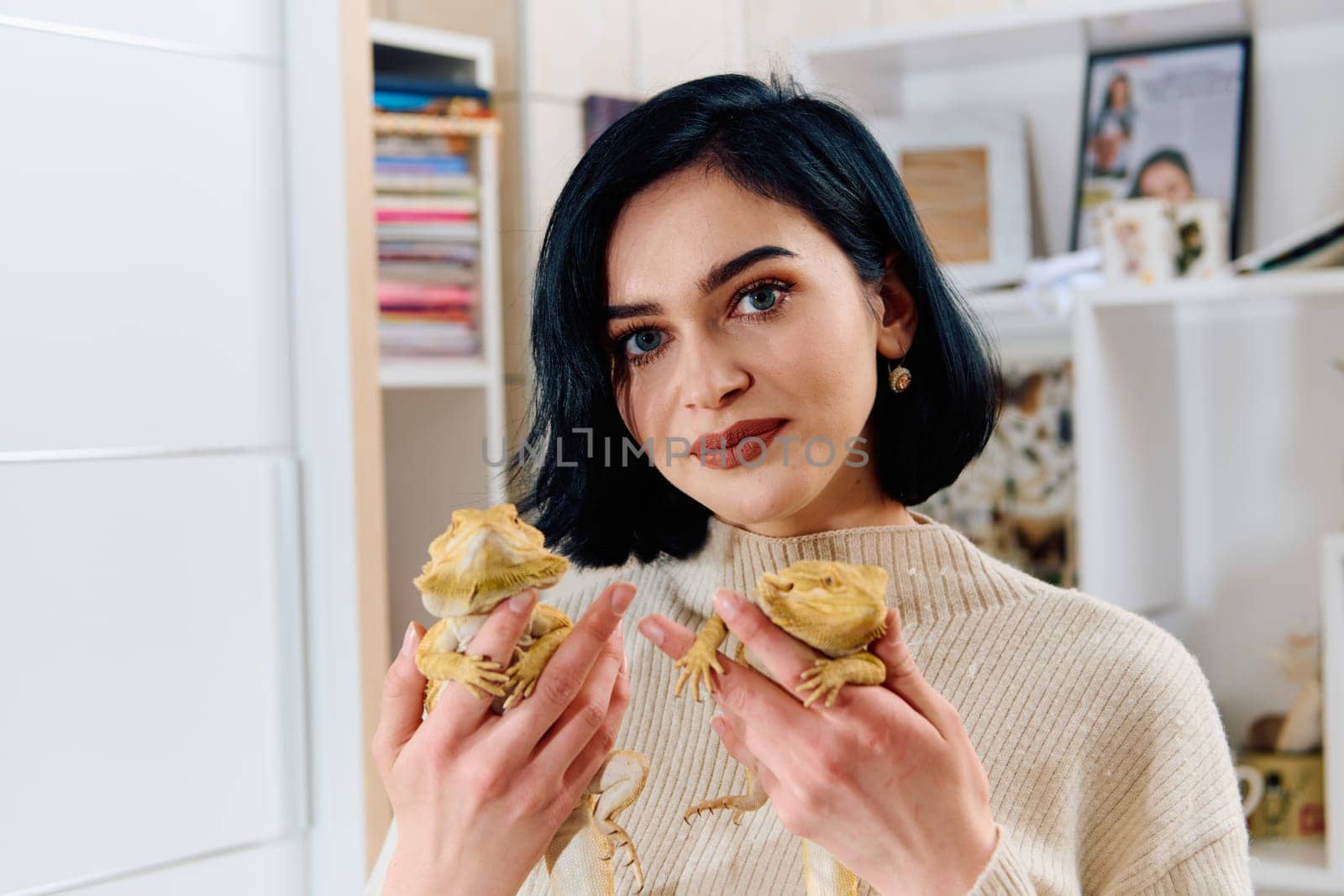 Beautiful Woman Posing with Her Two Adorable Bearded Dragon Pets by dotshock