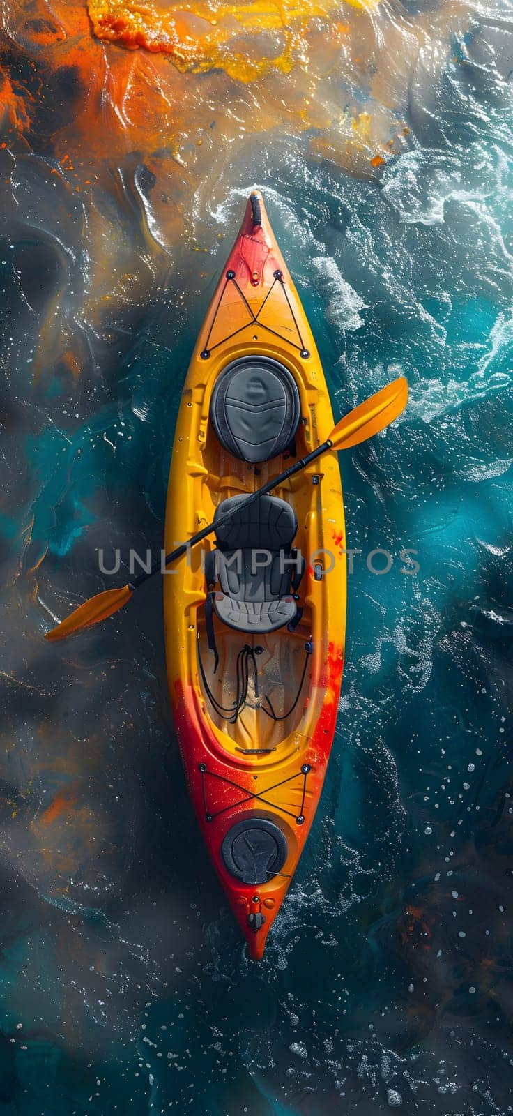A vibrant kayak floating on the electric blue liquid by Nadtochiy
