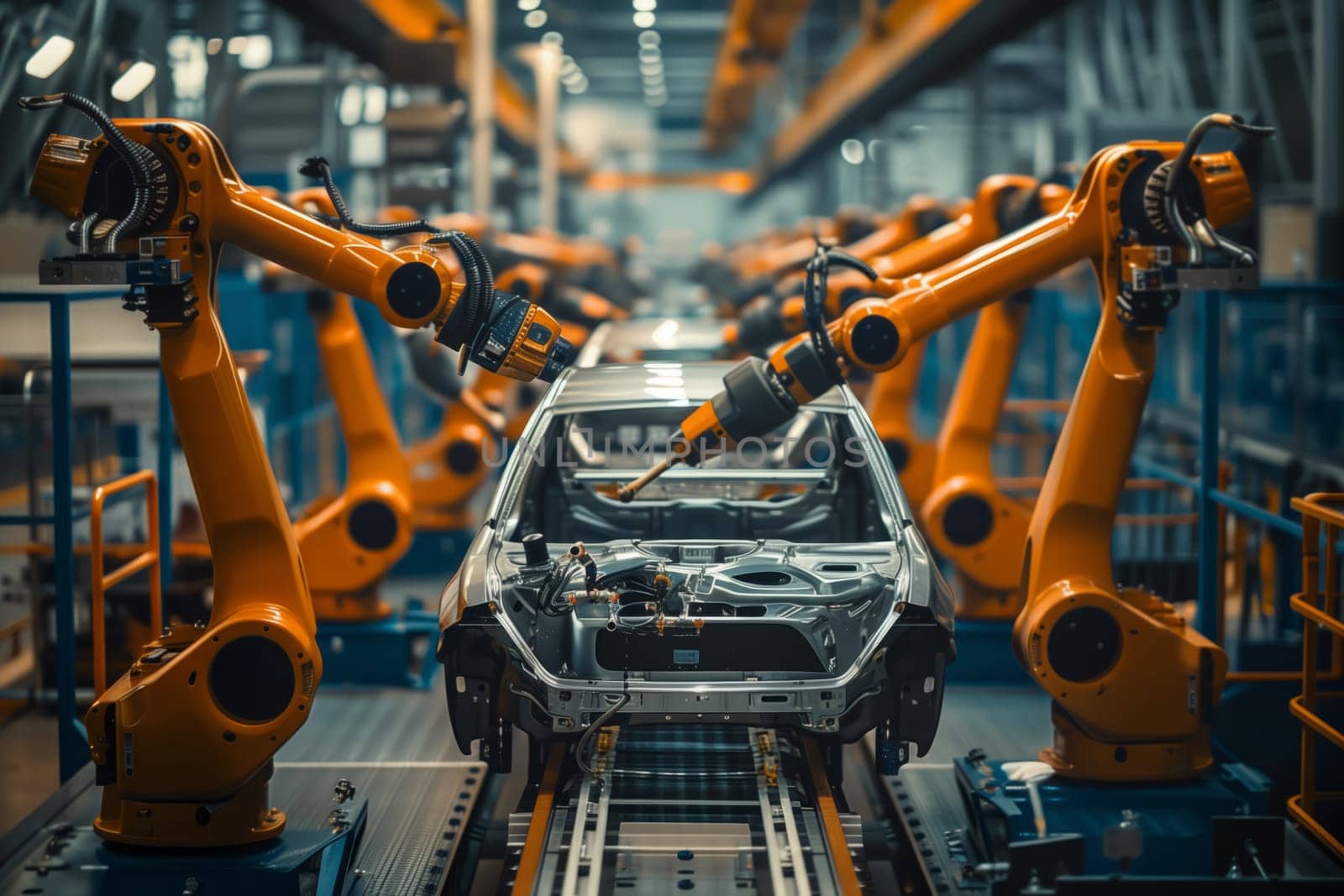 A motor vehicle is being assembled in an industry using machines and robots. The steel casing pipe, metal, and auto parts are put together for mass production