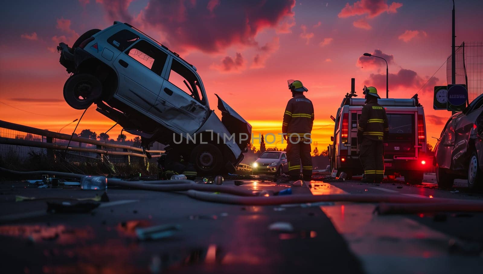A car is parked on the side of the road under the cloudy sky next to a fire truck. Its tire is flat, with automotive lighting shining through the window, on the asphalt