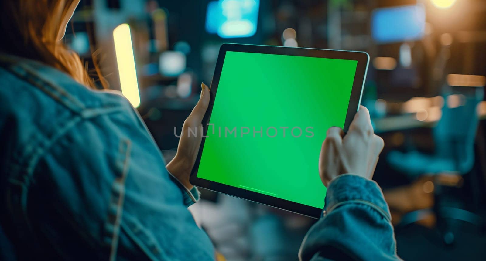 A woman is enjoying fun leisure time at an event, holding a green screen tablet by richwolf