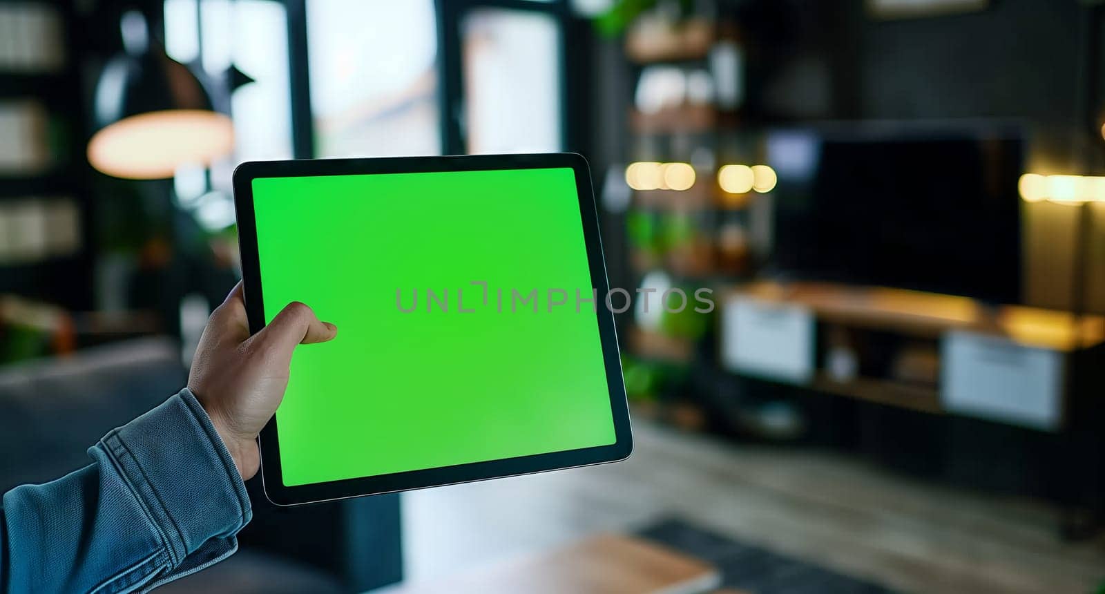 The person is holding a tablet, an electronic device with a green screen display, similar to a television. The font on the screen is clear against the asphalt background