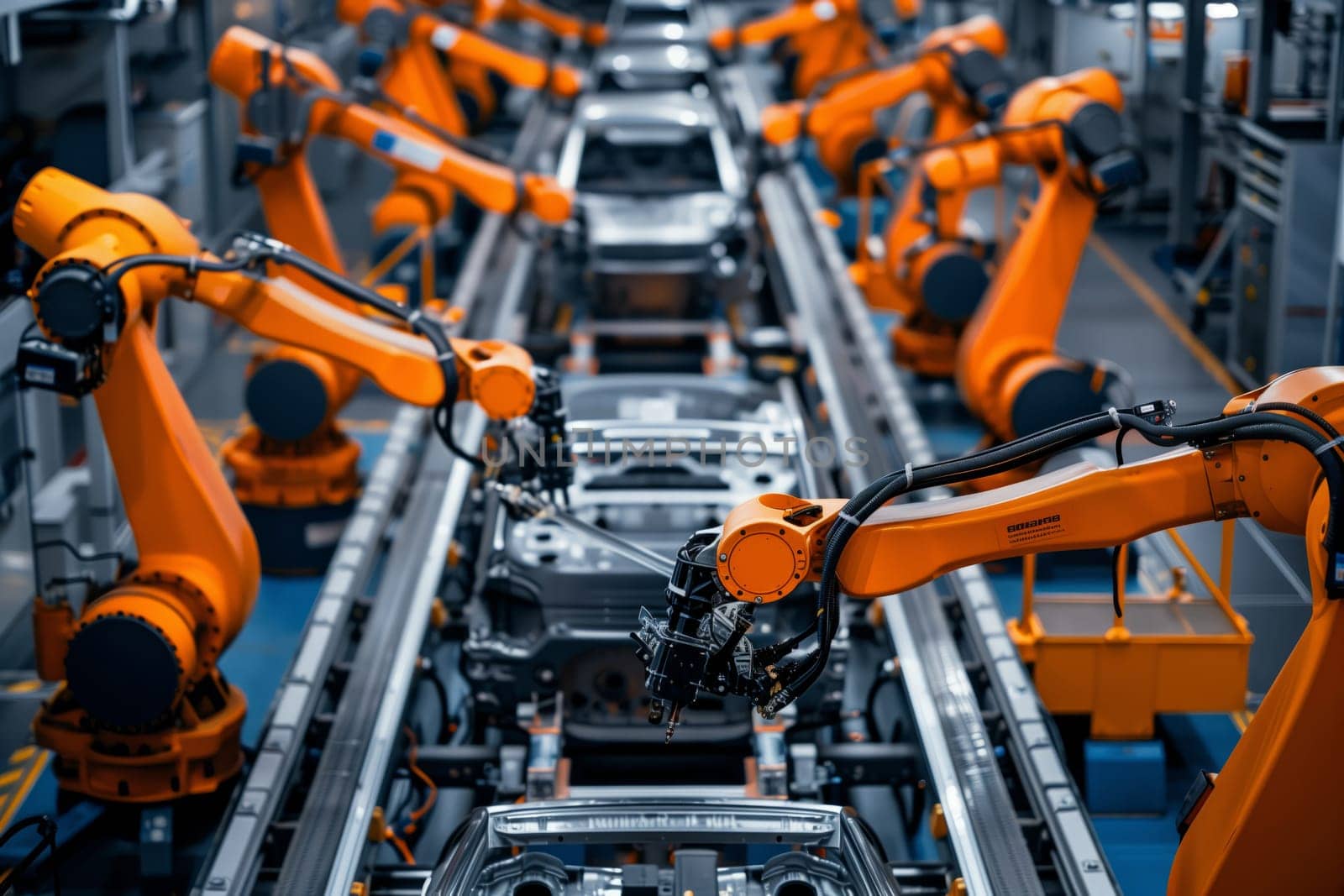 Robotic arms in an engineering factory move motor vehicles on a conveyor belt for mass production of steel casing pipes and auto parts