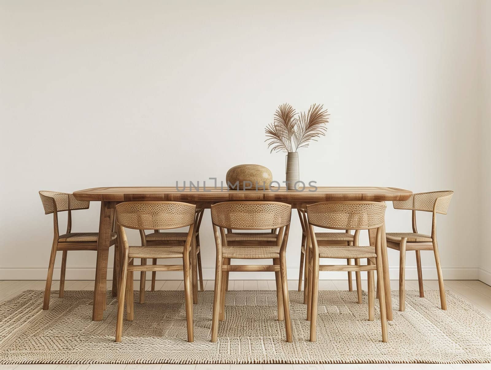 An elegant dining room featuring a rectangle wooden table with matching chairs. The hardwood furniture creates a warm and inviting atmosphere