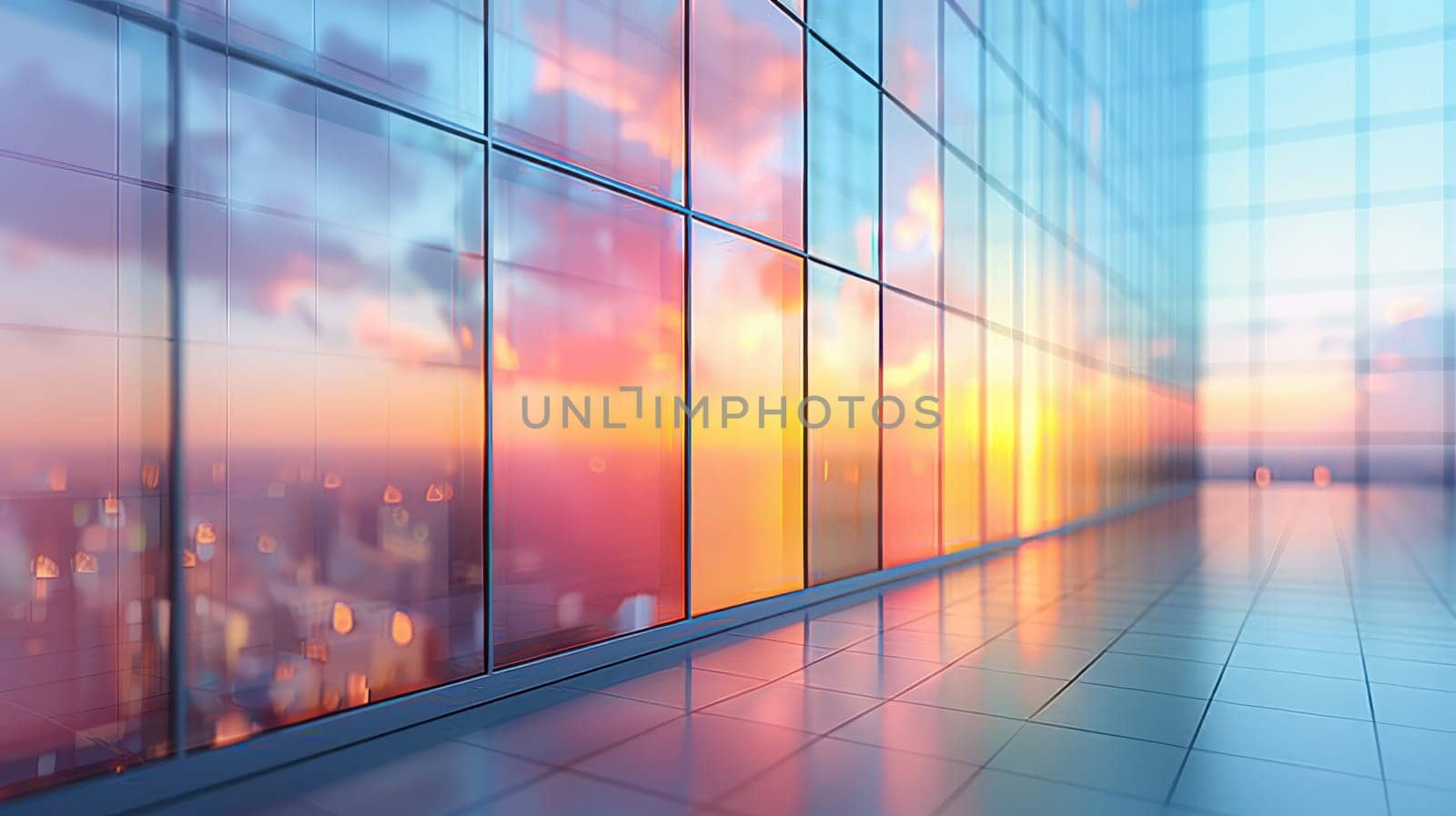 A beautiful modern spacious office hall with panoramic windows and a perspective in pleasant blue and crimson tones.