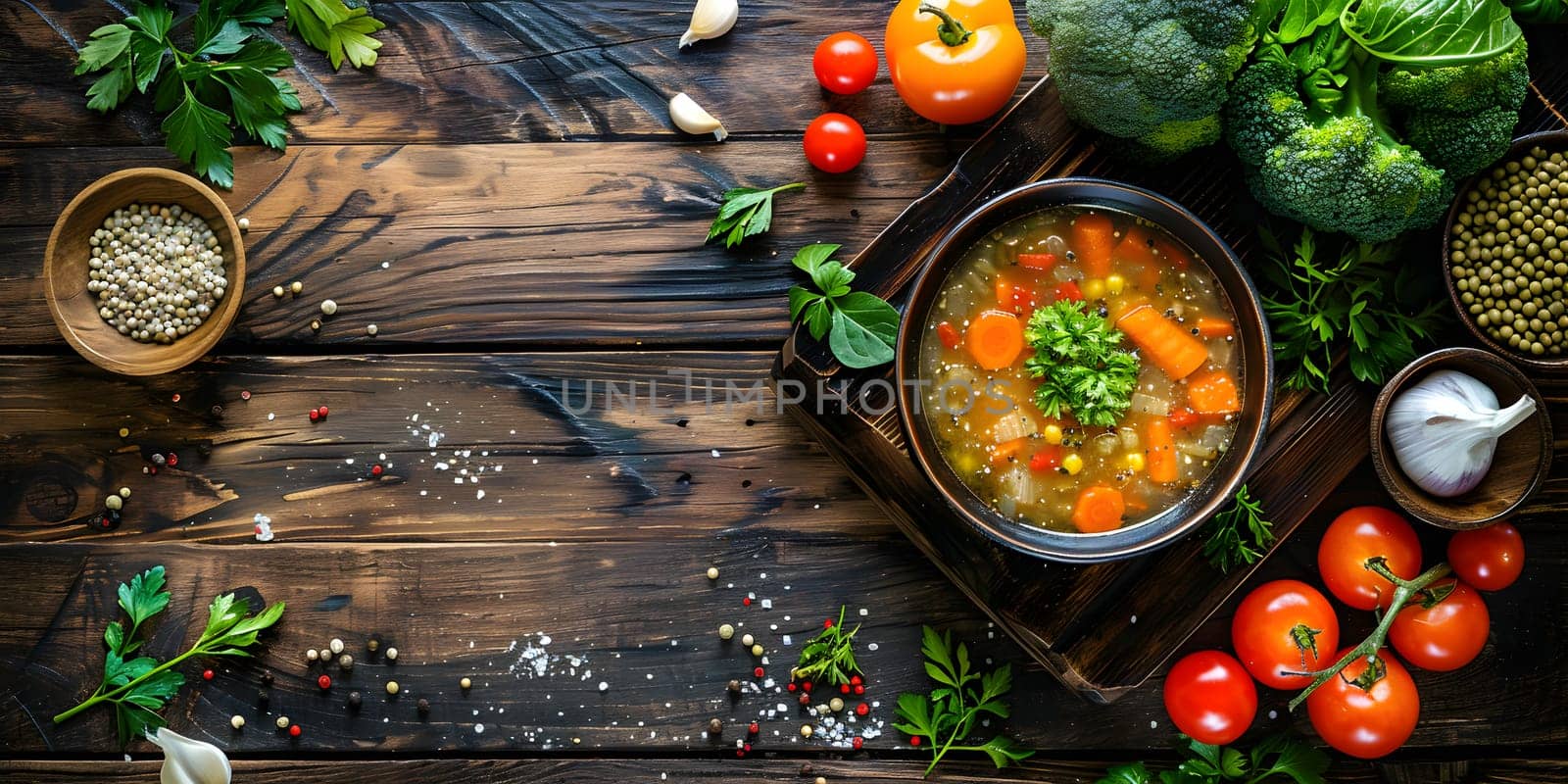 A delicious bowl of soup made with plum tomatoes and surrounded by a variety of fresh vegetables on a rustic wooden table