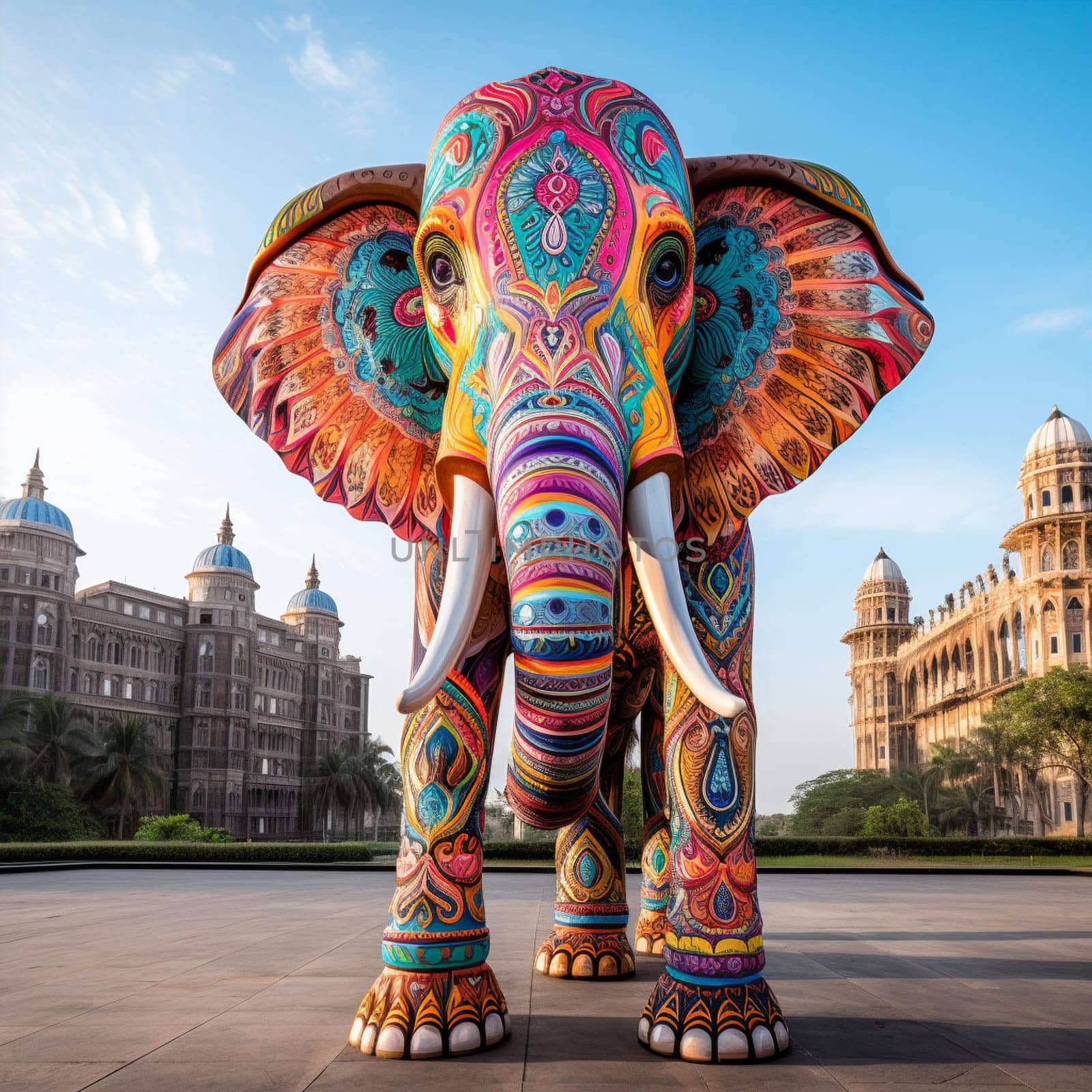 Witness the breathtaking sight of a towering elephant painted with vibrant colors as it gracefully strolls along the crowded streets of Mumbai. Adorned with ornate patterns inspired by traditional Indian art, this awe-inspiring creature attracts a multitude of amazed onlookers, filling their faces with wonder and excitement. Serving as a mobile art installation, the majestic elephant showcases the city's rich cultural heritage and vibrant spirit. As the sun sets, it comes to life, glowing with radiant luminescence and casting a spellbinding glow on the cityscape. Surrounding the elephant, iconic Mumbai landmarks rise high, their outlines illuminated against the evening sky. From the bustling streets of Colaba to the timeless beauty of the Gateway of India, every corner of this fascinating metropolis beckons you to embark on an unforgettable journey that will leave you in awe.