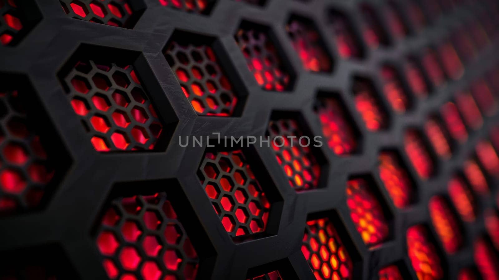 hexagonal abstract black metal background with red light lines.