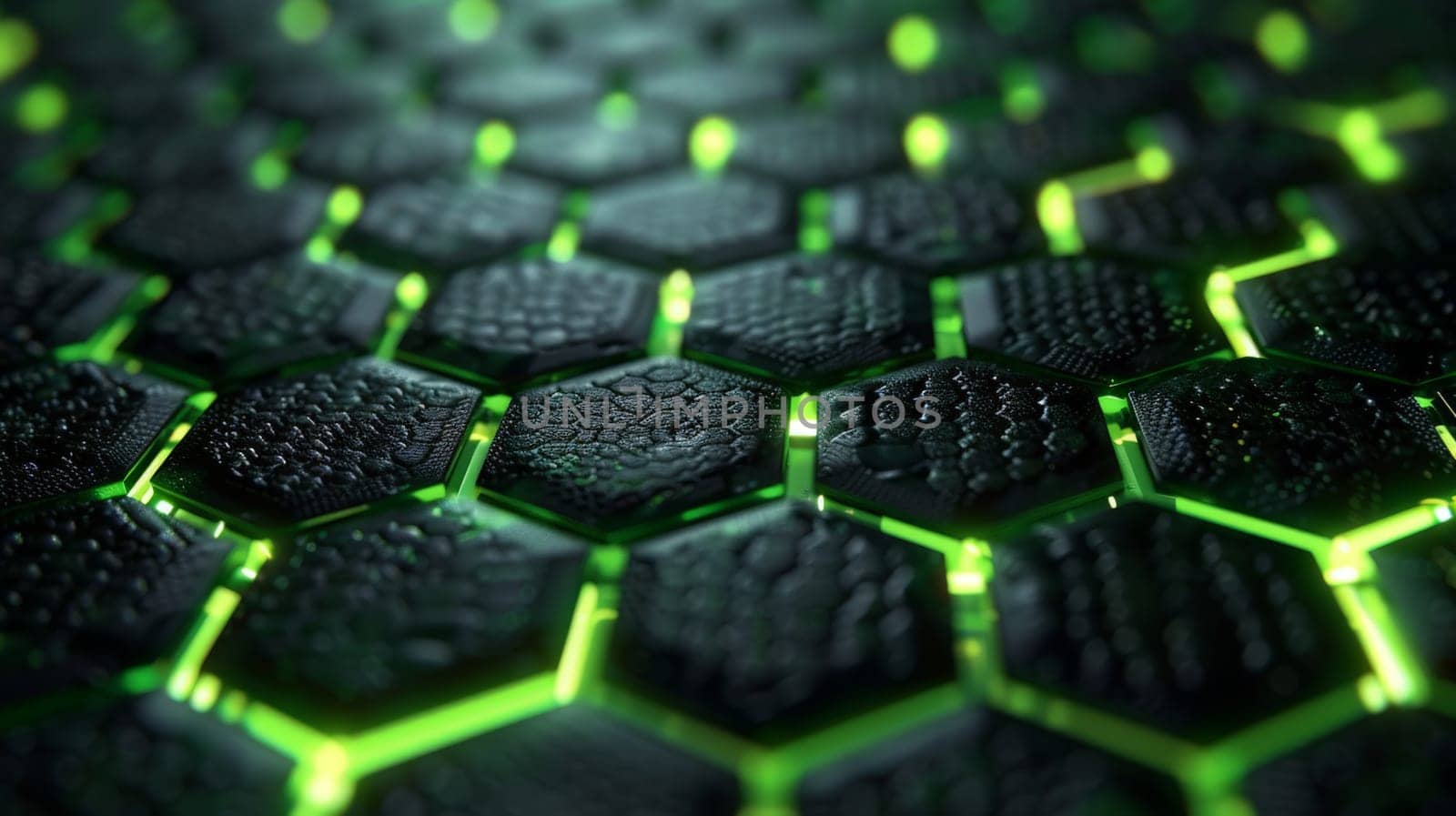 hexagonal abstract black metal background with green light lines by nijieimu