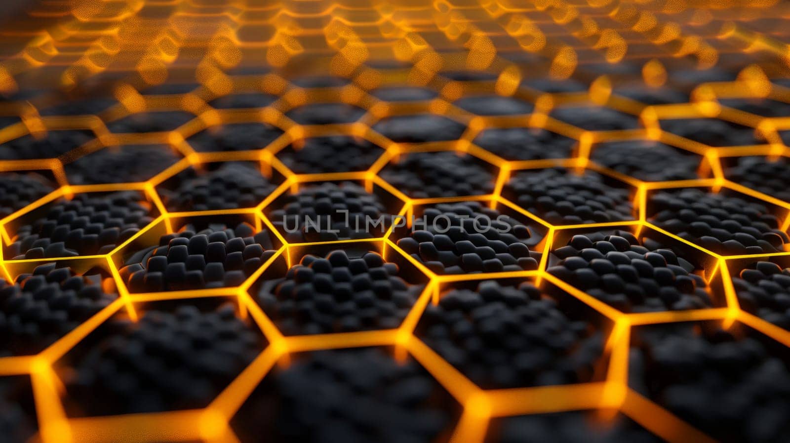 hexagonal abstract black metal background with golden light lines.